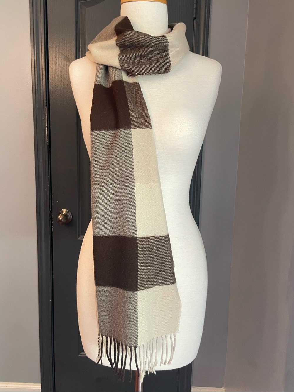 Vintage Cashmere Plaid Fringe Scarf in Cream and Brown from England